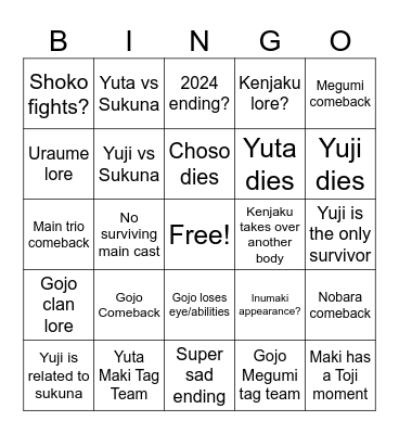 JJK Predictions BINGO Card