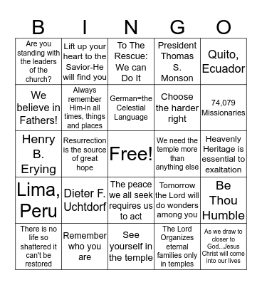 General Conference Bingo Card