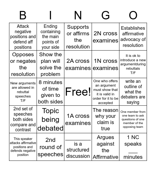 Cross Examination Bingo Card