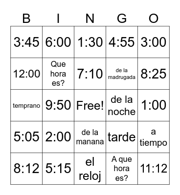 La hora y vocabulario Bingo Card