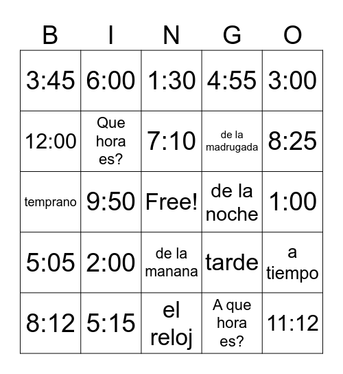 La hora y vocabulario Bingo Card