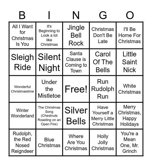 Christmas Song Bingo Card