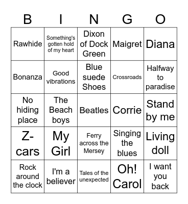 50's and 60's music and theme tunes Bingo Card