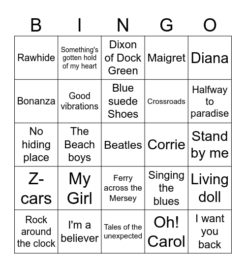 50's and 60's music and theme tunes Bingo Card
