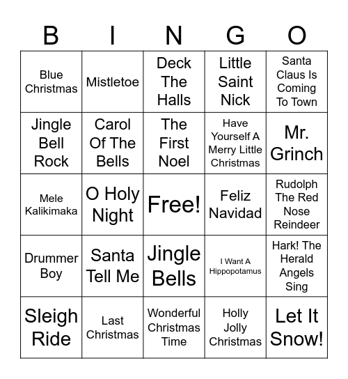 Christmas Song Bingo Card