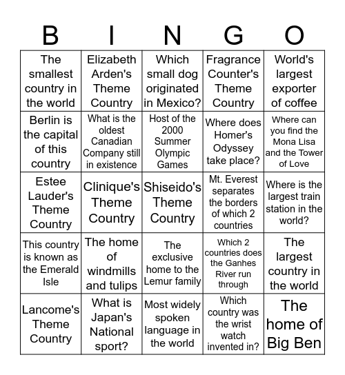 World Fact Bingo Card