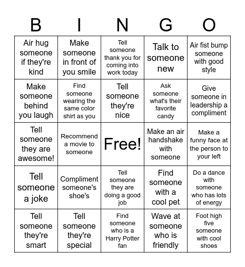 Compliment Bingo Card