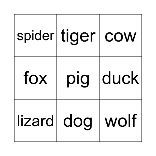 Animal Bingo Card