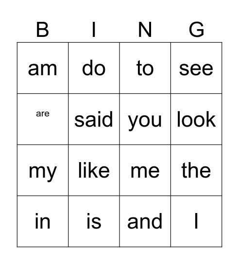 Sight Word Bingo Card