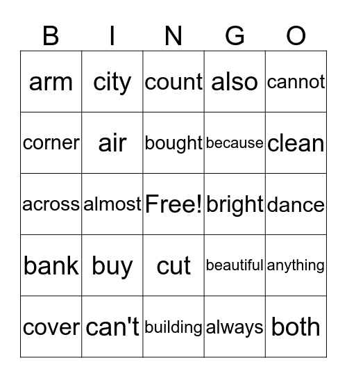 Second grade sight words Bingo Card