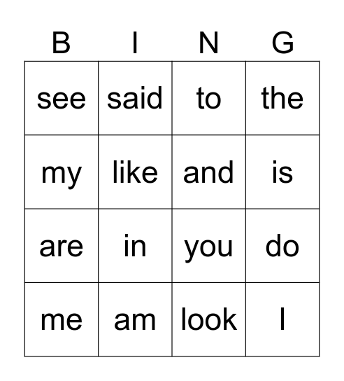 Sight Word Bingo Card