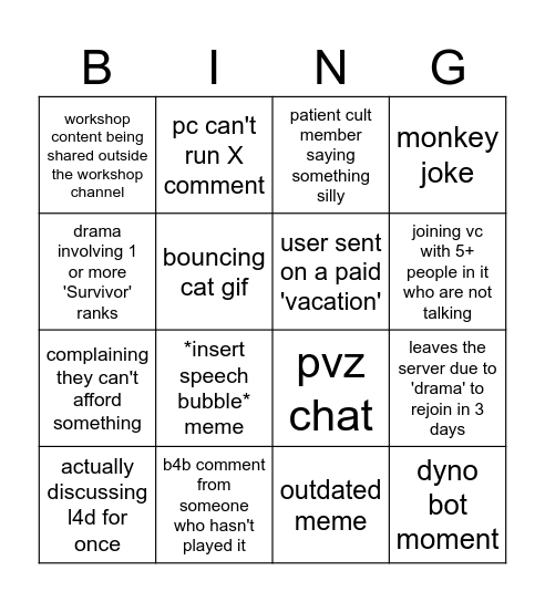 Left 4 Dead 2 Bingo Card Bingo Card