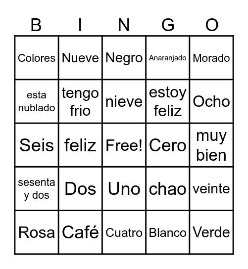 Numeros y Colores Bingo Card