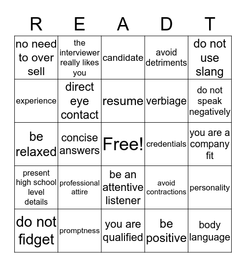 INTERVIEW READINESS Bingo Card