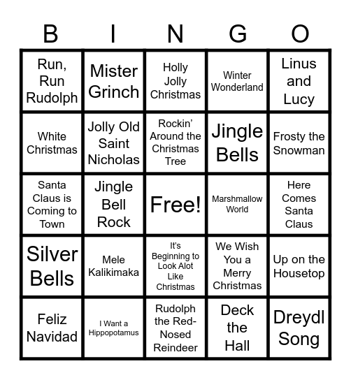 Holiday Sing Along Bingo Card
