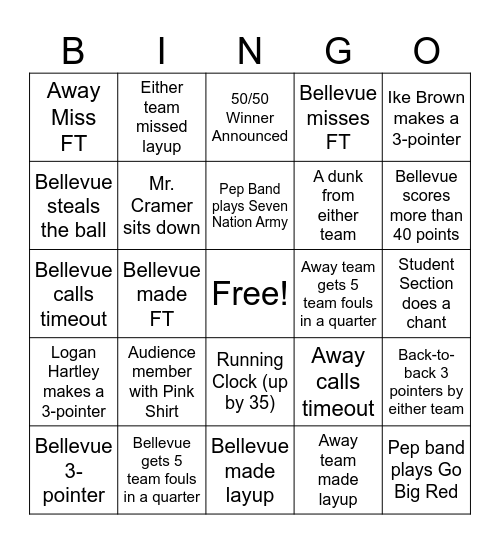 Pep Band Bingo Card