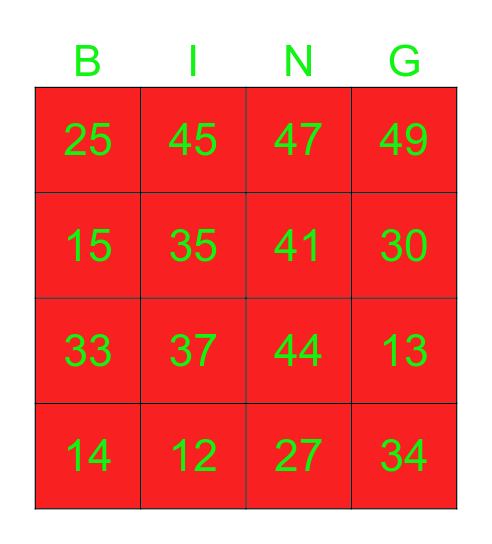 Nombres à 50 Bingo Card