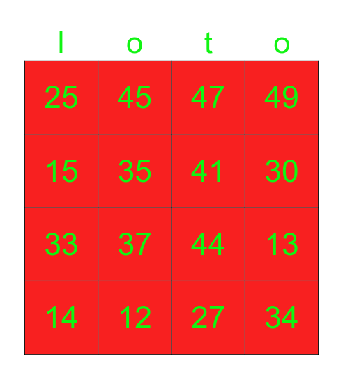Nombres à 50 Bingo Card