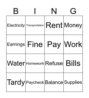 Paycheck and Bills Bingo Card
