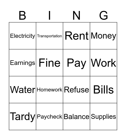 Paycheck and Bills Bingo Card