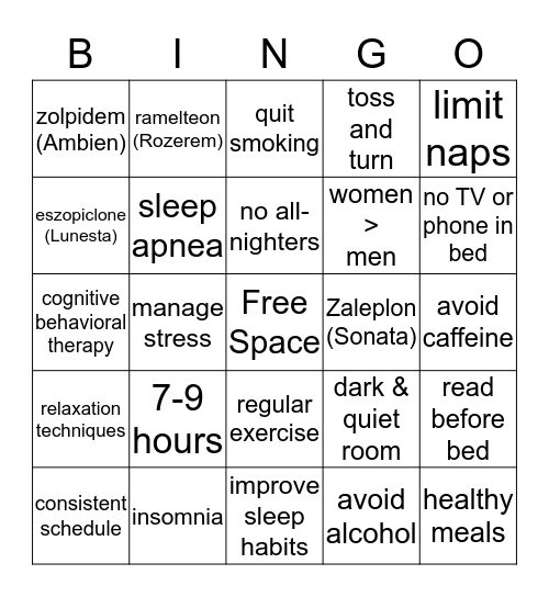 All About Sleep Bingo Card