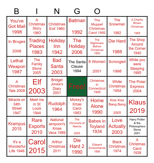 Social Work Service Holiday Movie Bingo Card