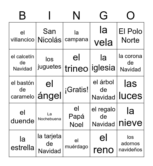 Vocabulario navideño Bingo Card