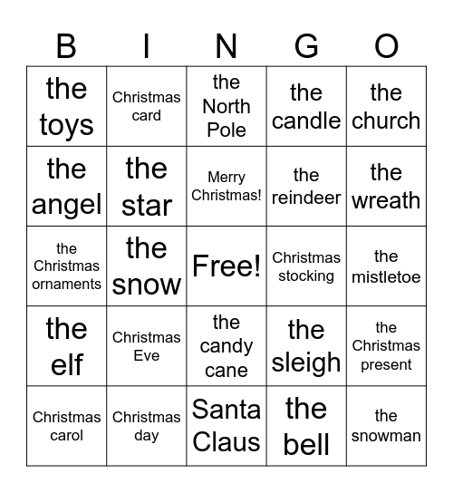 Christmas vocabulary Bingo Card