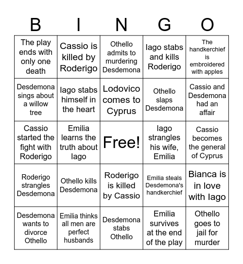 Othello True or False Bingo Card