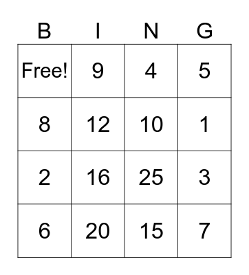 Number Bingo Card