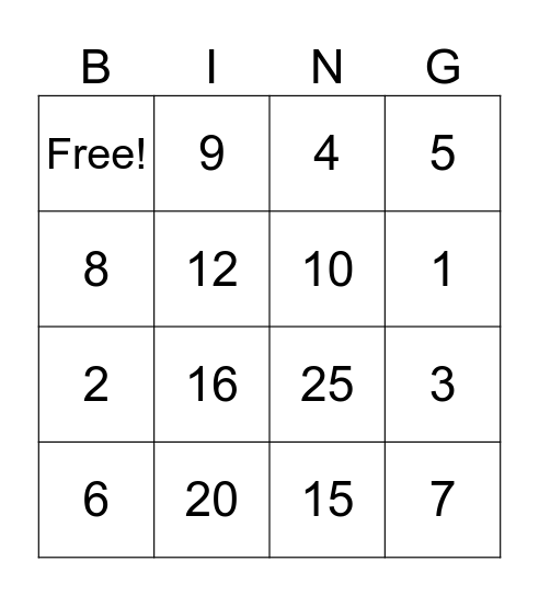 Number Bingo Card