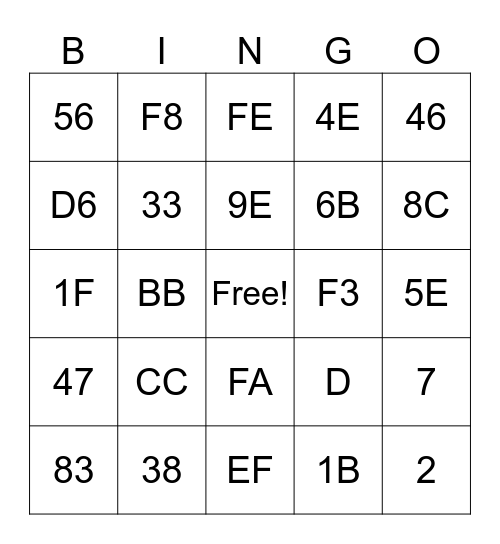 Hexadecimal Numbers Bingo Card