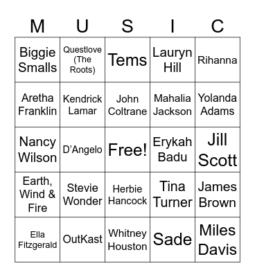 Black Music Appreciation Month BINGO Card