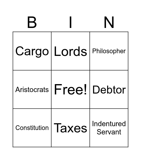 Southern Colonies Bingo Card