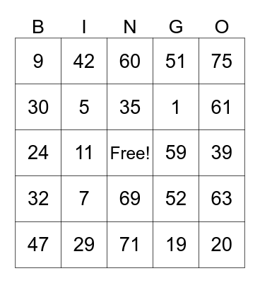 number bingo Card