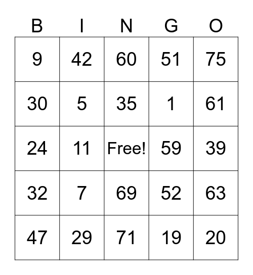 number bingo Card