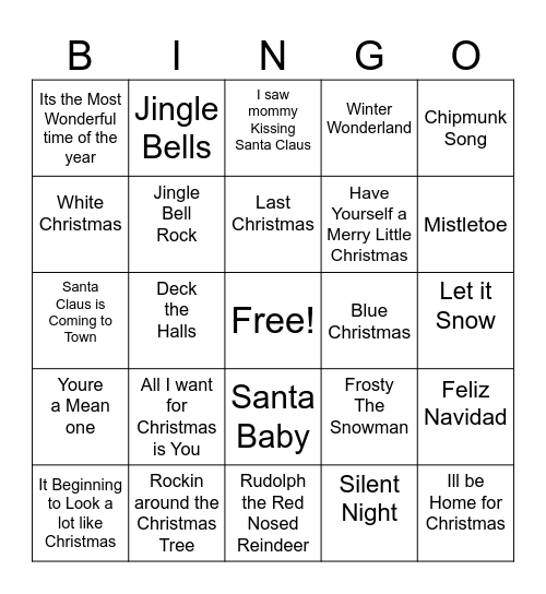 Holiday Song Bingo Card