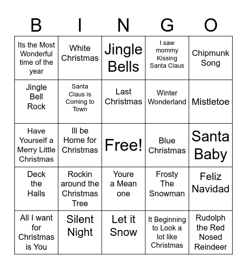 Holiday Song Bingo Card