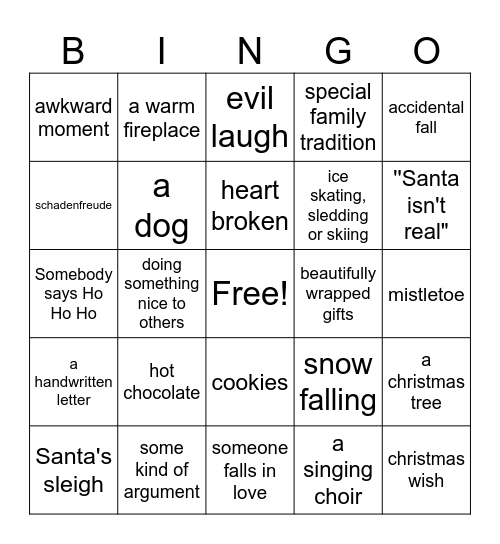 Christmas movie Bingo Card