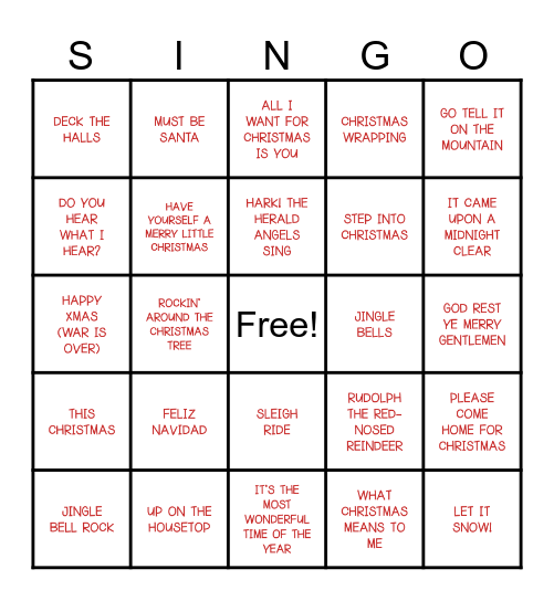 CHRISTMAS CAROLS AND SONGS Bingo Card