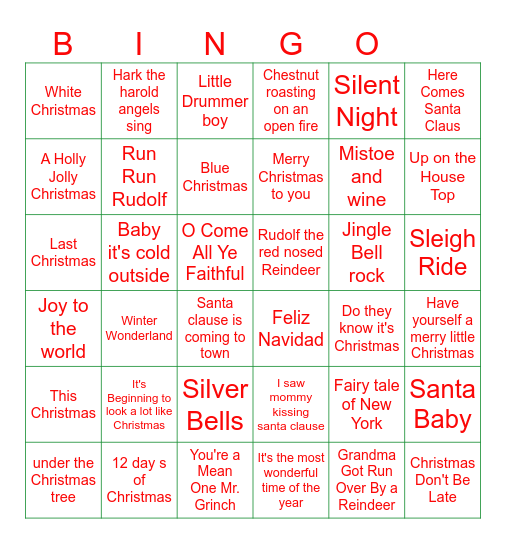 Christmas Carol Bingo Card