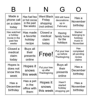 Arch Claims Holiday Bingo Card