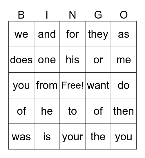 Level 1 sight words Bingo Card