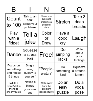 Coping Skills Bingo Card