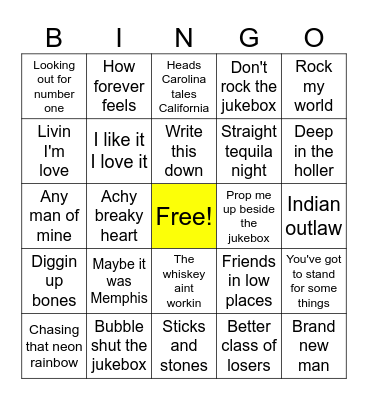 90s Country Bingo Card