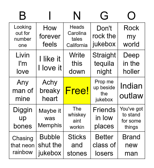 90s Country Bingo Card