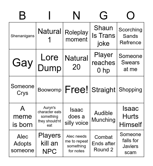 Session 1 Shore of Stars Bingo Card