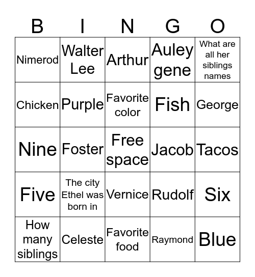 ETHEL  BINGO Card