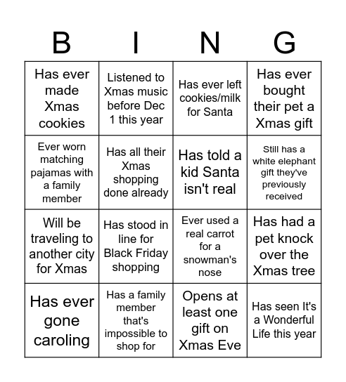 Christmas Creative Bingo Card