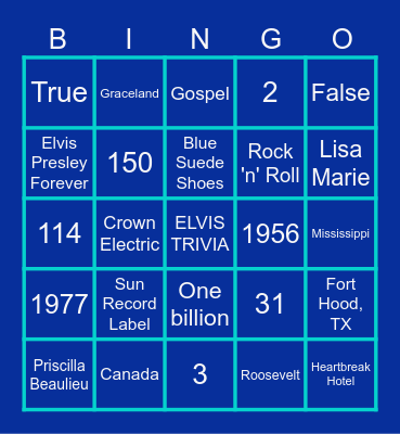 Elvis Presley Trivia Bingo Card